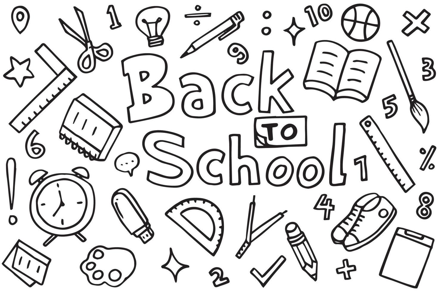 Back to School with hand drawn school supplies - great set. Doodle letters and school object collection. Sketch icon. Children's style ink background. Education Concept. Vector illustration.