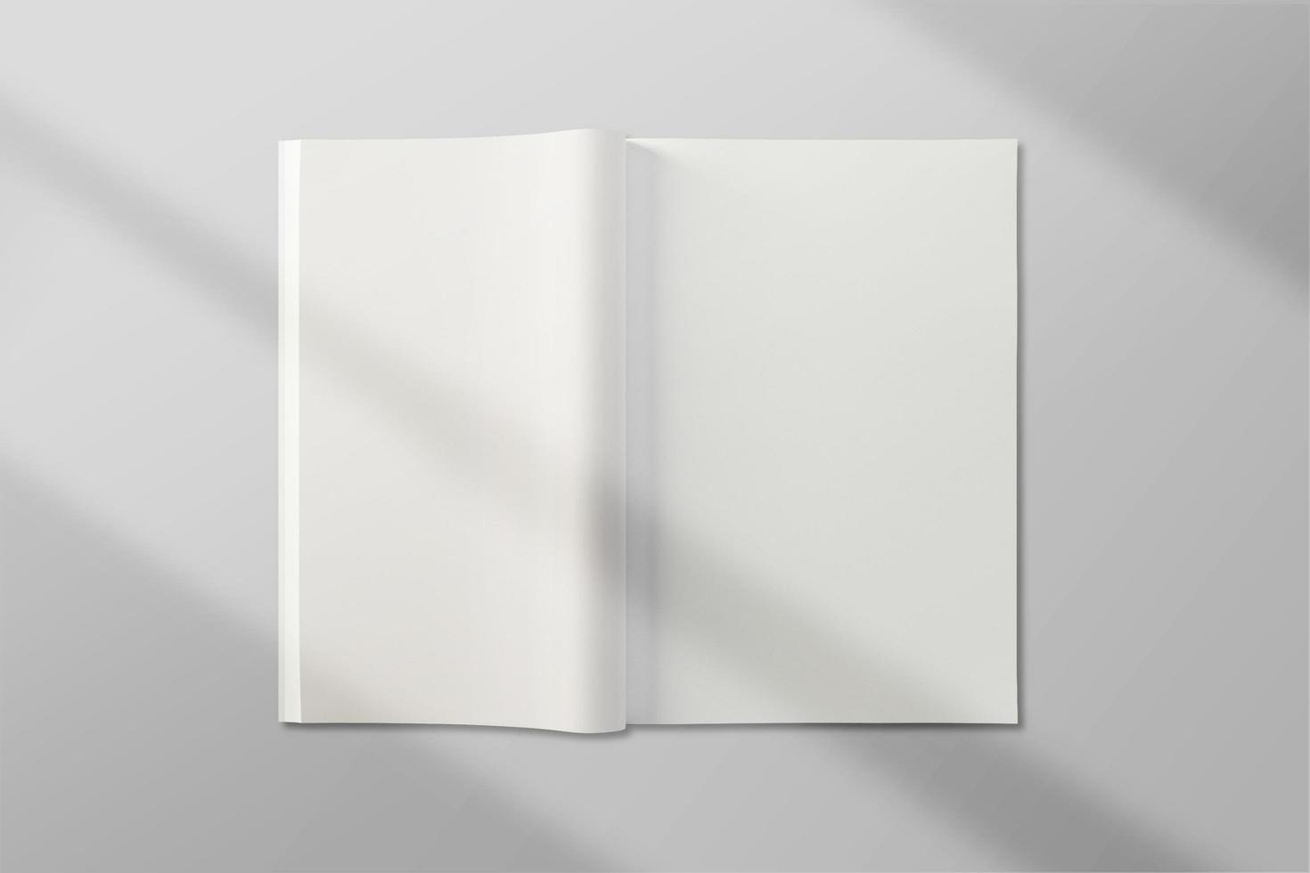 Realistic top view cover and opened portrait A4 or A5 magazine or brochure booklet for stationery and branding. Mockup template isolated light grey background and leaf shadow overlay. 3D rendering. photo