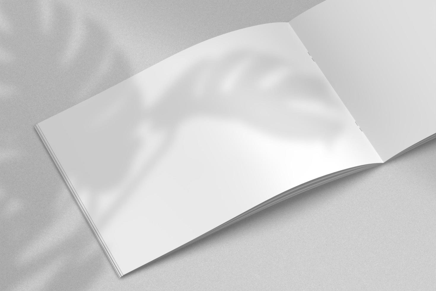 Realistic top view cover and opened portrait A4 or A5 magazine or brochure booklet for stationery and branding. Mockup template isolated light grey background and leaf shadow overlay. 3D rendering. photo