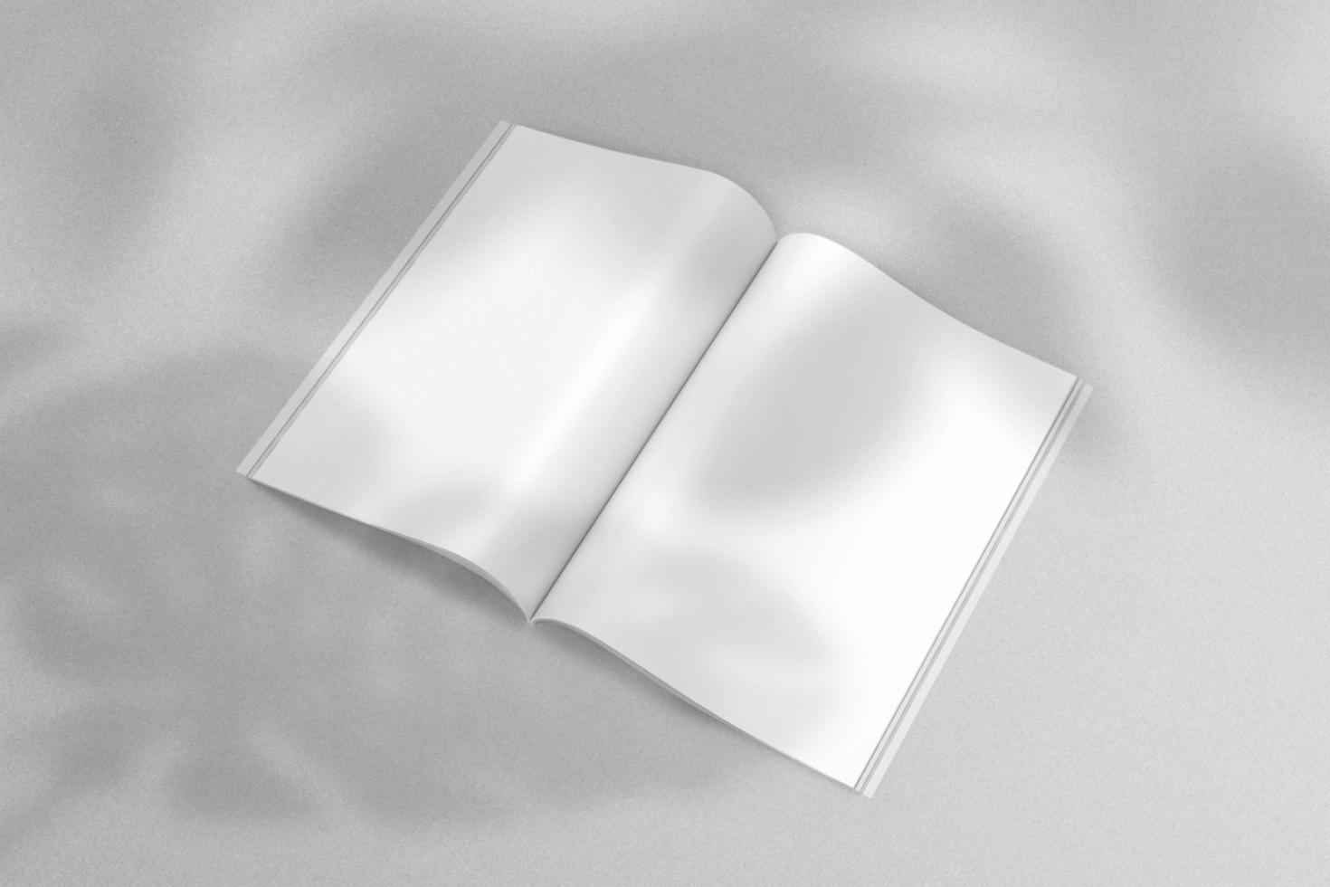 Realistic top view cover and opened portrait A4 or A5 magazine or brochure booklet for stationery and branding. Mockup template isolated light grey background and leaf shadow overlay. 3D rendering. photo
