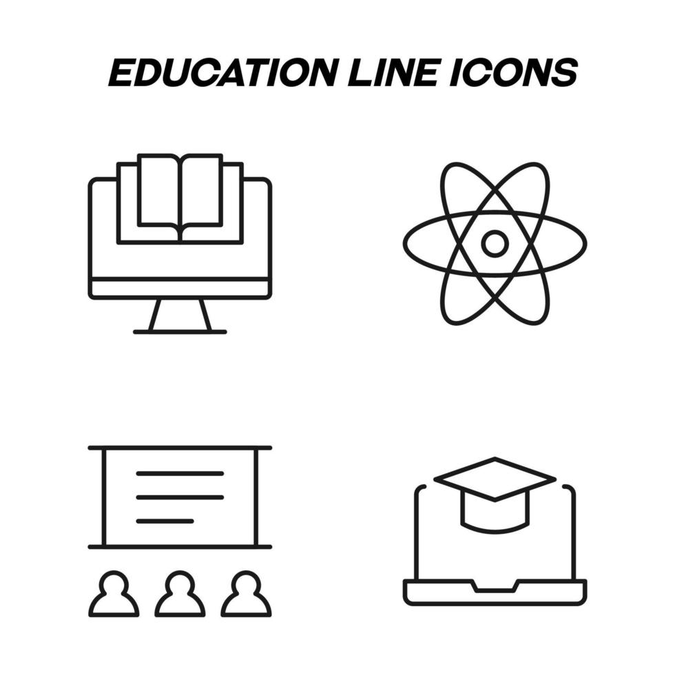 Monochrome isolated symbols drawn with black thin line. Perfect for stores, shops, adverts. Vector icon set with signs of open book on computer, isolated atoms, auditorium