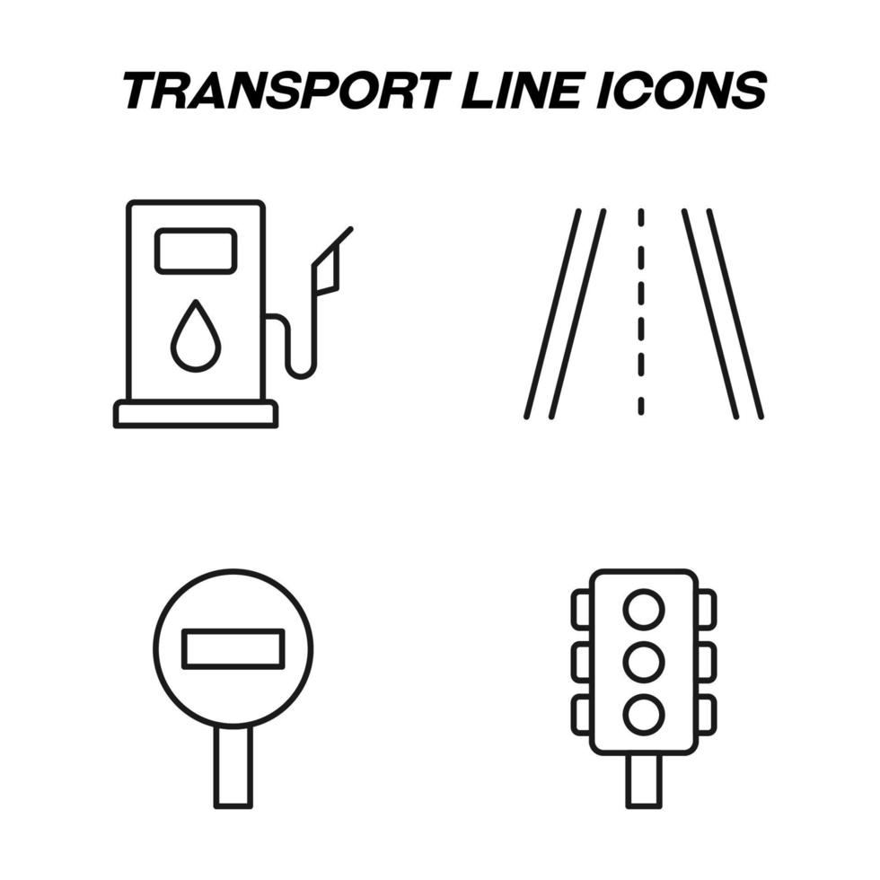 Monochrome isolated symbols drawn with black thin line. Perfect for stores, shops, adverts. Vector icon set with signs of gas station, road, stop sign, traffic light