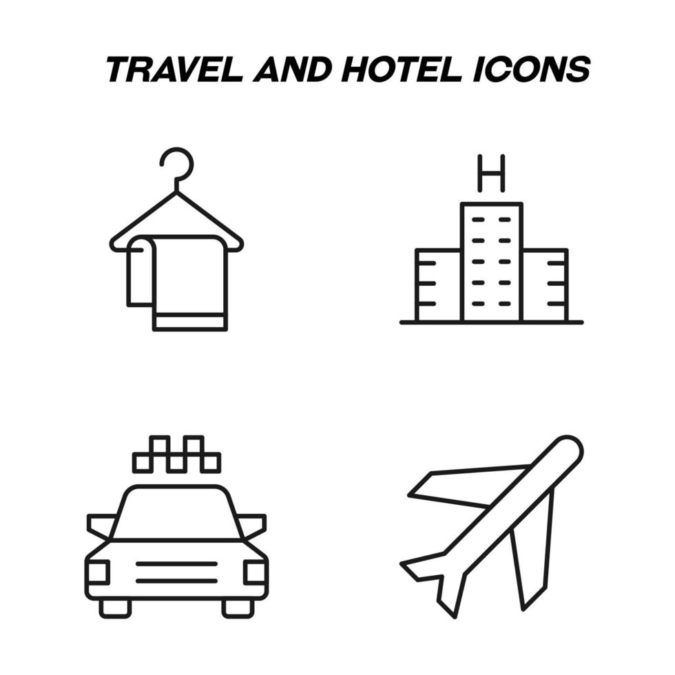 Monochrome isolated symbols drawn with black thin line. Perfect for stores, shops, adverts. Vector icon set with signs of towel, hotel, taxi, airplane
