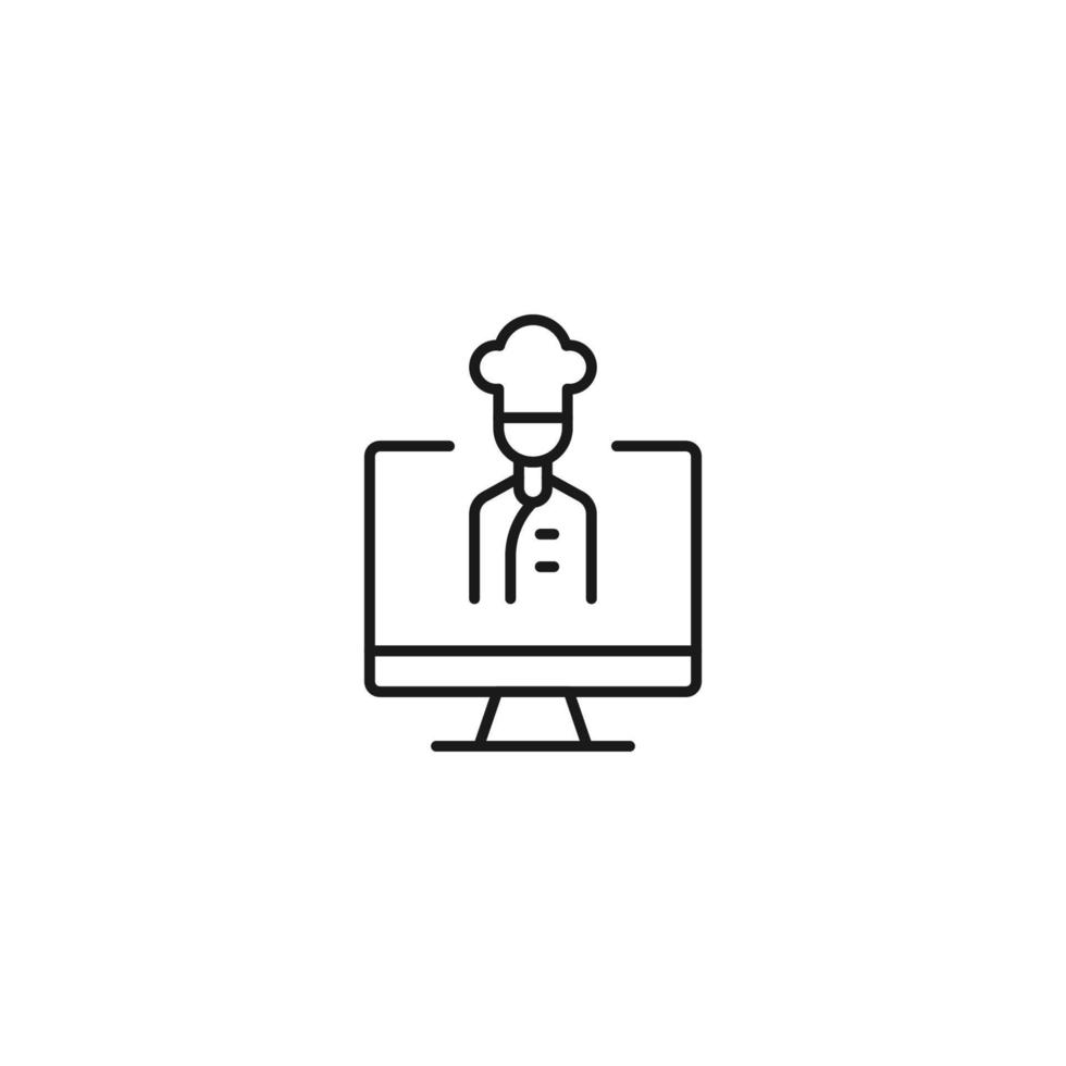 Item on pc monitor. Outline sign suitable for web sites, apps, stores etc. Editable stroke. Vector monochrome line icon of chef on computer monitor