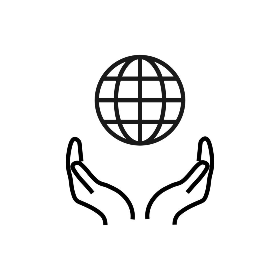 Support, present and charity concept. Modern vector sign drawn with black thin line. Editable stroke. Vector line icon of planet, earth or globe over outstretched hands