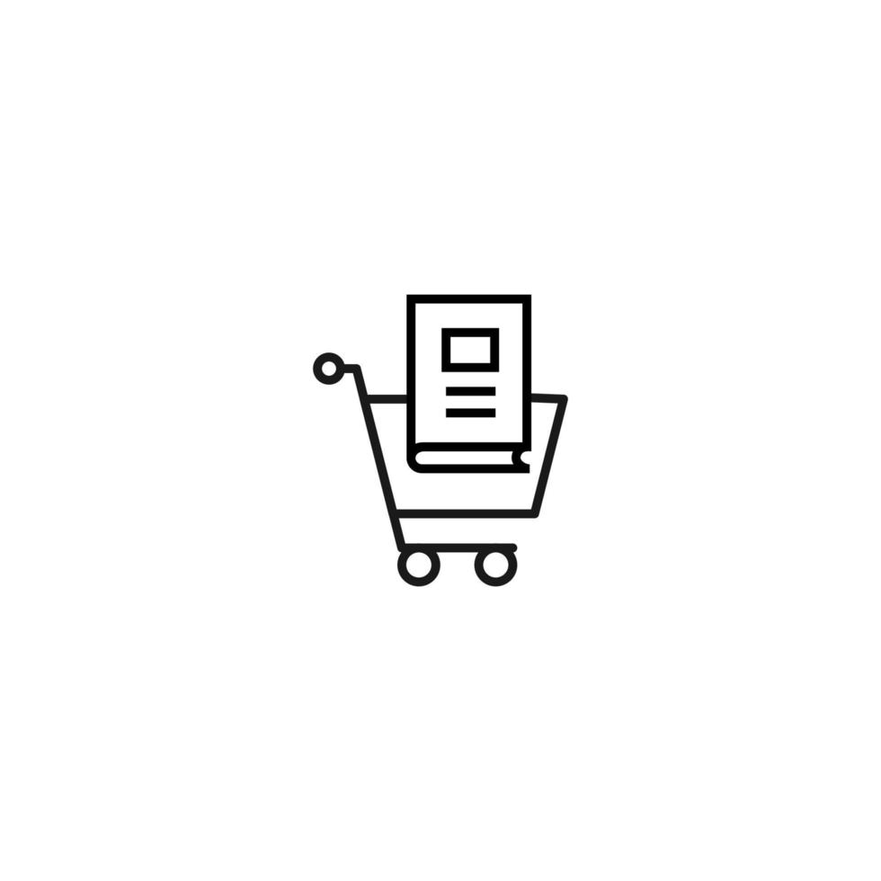 venta, compra, concepto de compras. signo vectorial adecuado para sitios web, tiendas, tiendas, artículos, libros. trazo editable. icono de línea de libro en carrito de compras vector