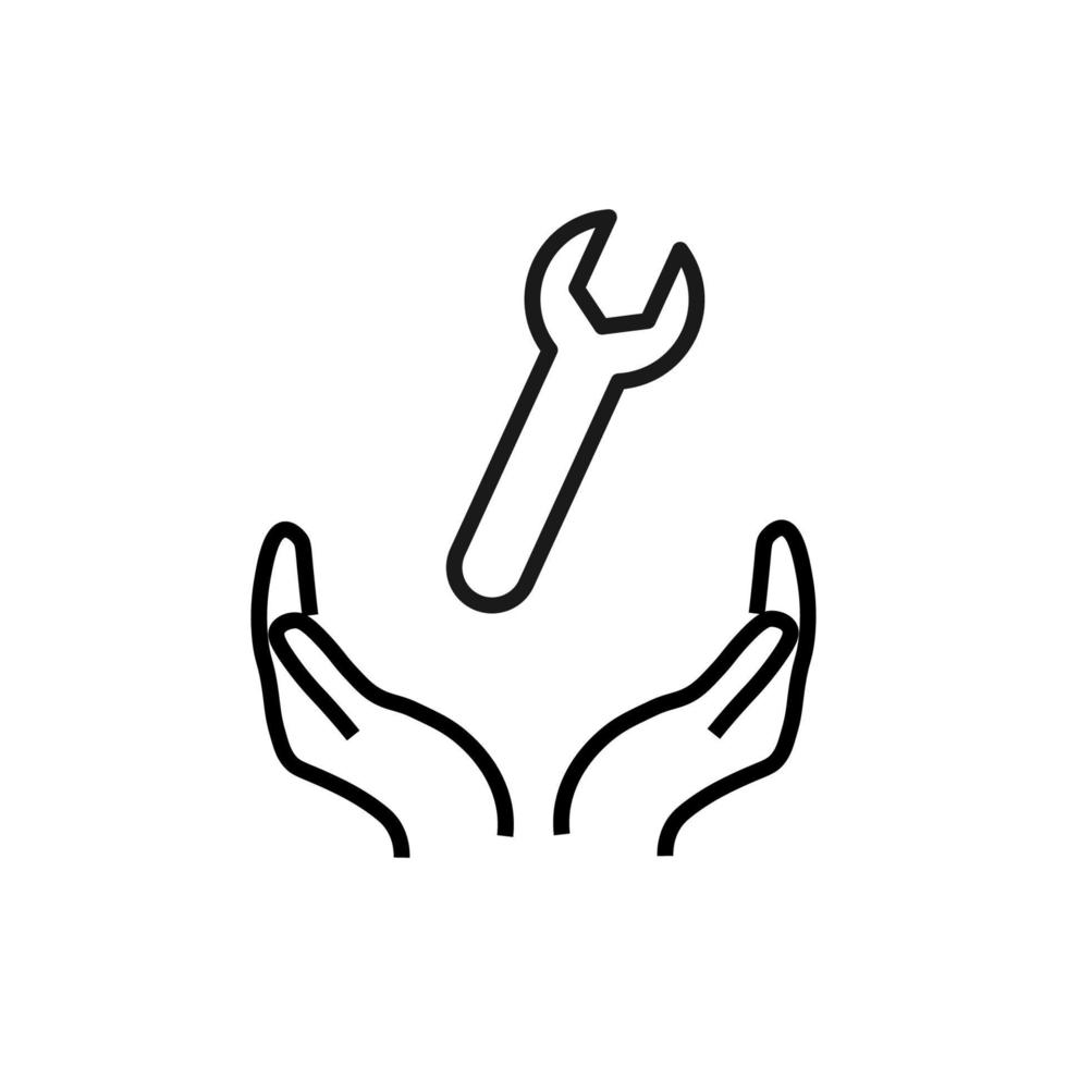 Support, present and charity concept. Modern vector sign drawn with black thin line. Editable stroke. Vector line icon of spanner over outstretched hands