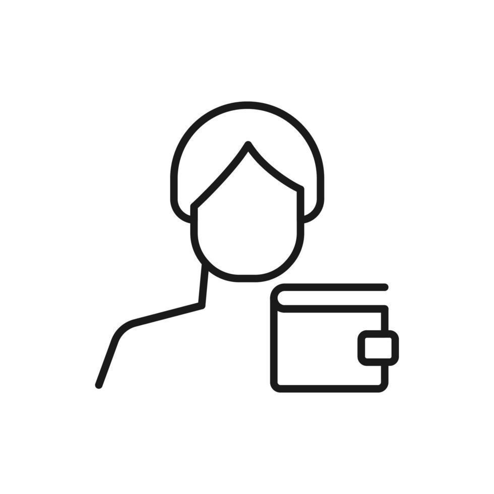 Hobby, business, profession of man. Modern vector outline symbol in flat style with black thin line. Monochrome icon of wallet by anonymous male