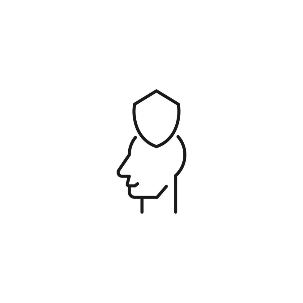 Hobbies, thought and ideas concept. Vector sign drawn in flat style. Editable stroke. Line icon of armor over head of man