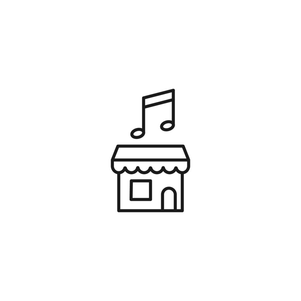 Store and shop concept. Outline sign suitable for web sites, stores, shops, internet, advertisement. Editable stroke drawn with thin line. Icon of musical note over store vector