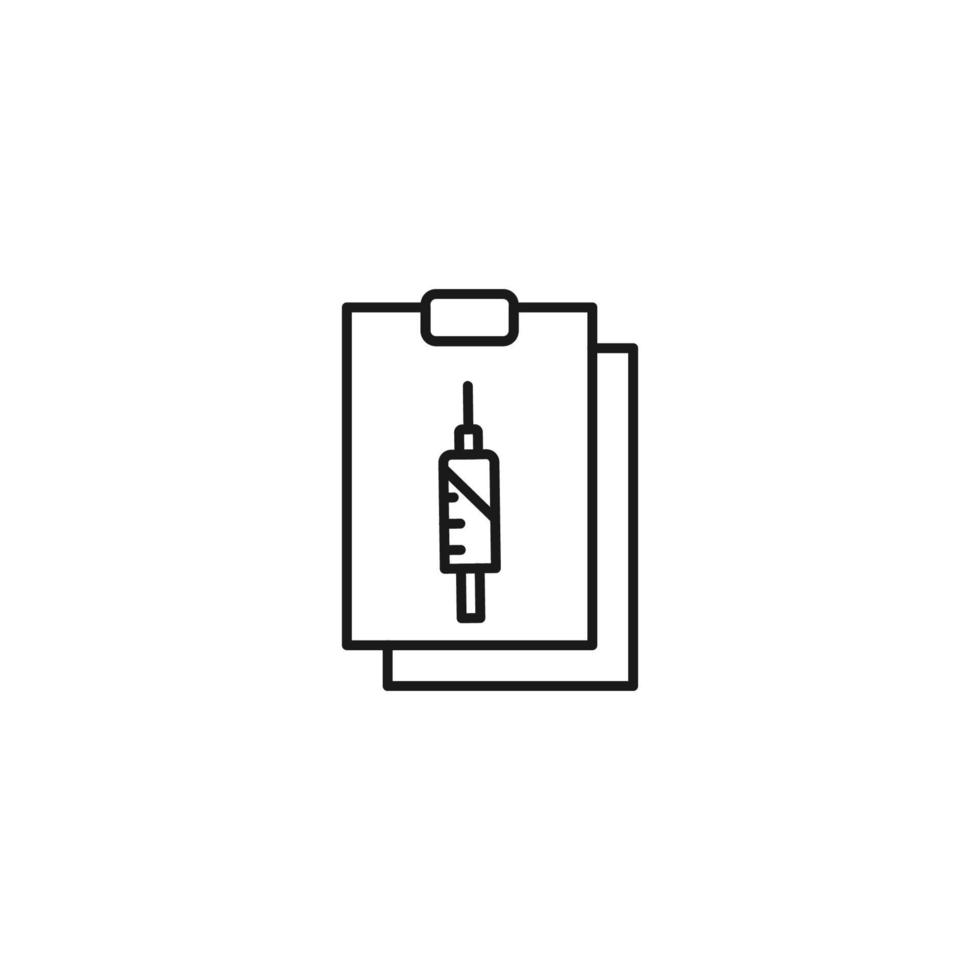Document, office, contract and agreement concept. Monochrome vector sign drawn in flat style. Vector line icon of medical syringe on clipboard