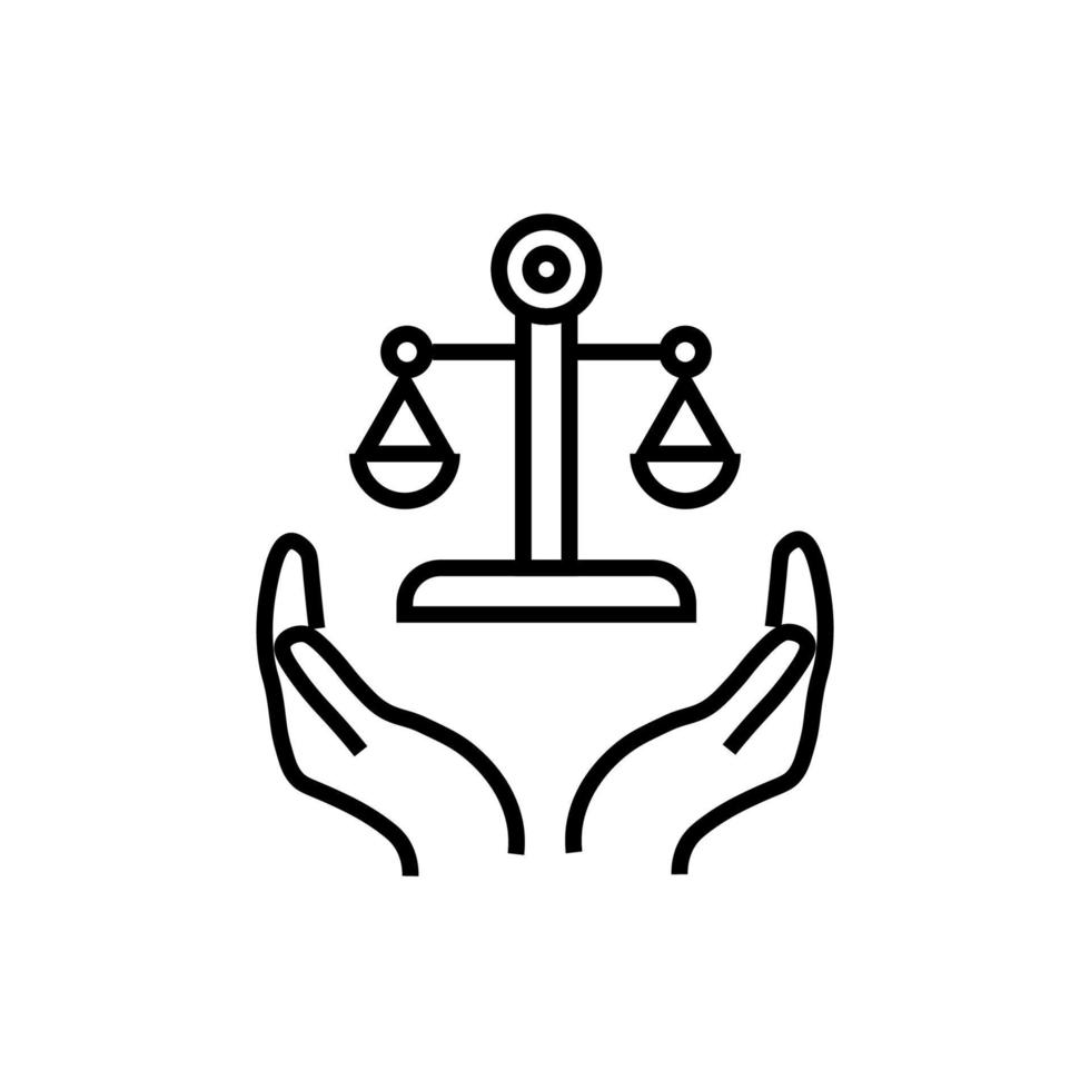 Support, present and charity concept. Modern vector sign drawn with black thin line. Editable stroke. Vector line icon of scales over outstretched hands