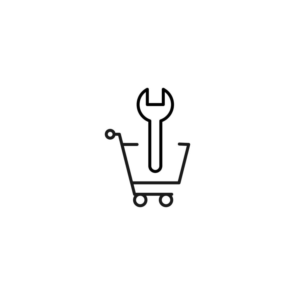 Selling, purchase, shopping concept. Vector sign suitable for web sites, stores, shops, articles, books. Editable stroke. Line icon of spanner in shopping cart