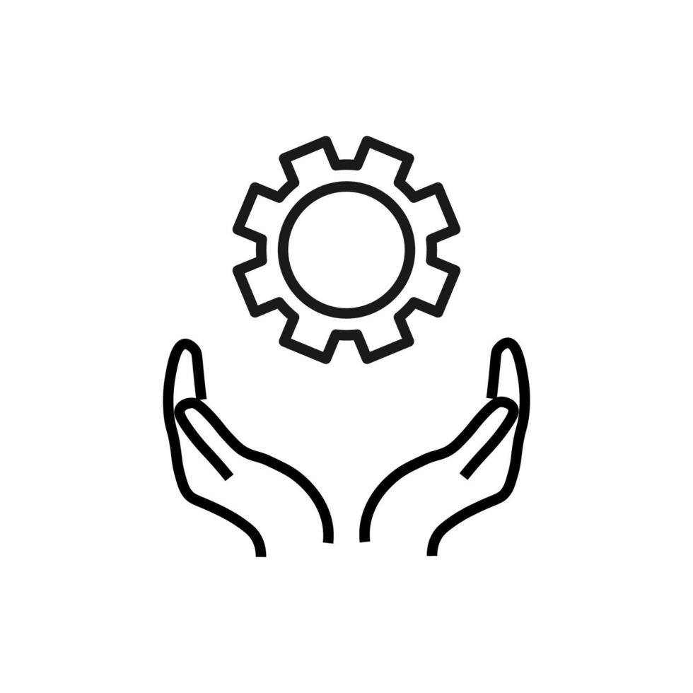 Support, present and charity concept. Modern vector sign drawn with black thin line. Editable stroke. Vector line icon of gear or cogwheel over outstretched hands