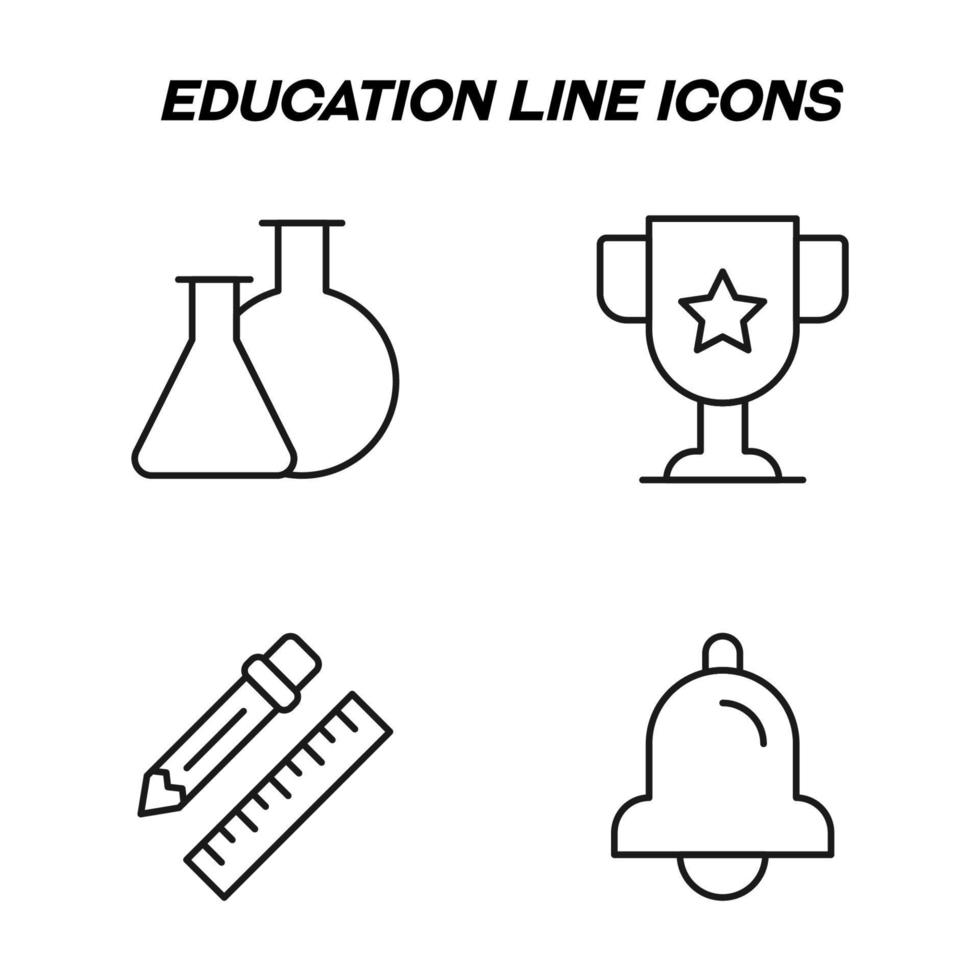 Monochrome isolated symbols drawn with black thin line. Perfect for stores, shops, adverts. Vector icon set with signs of laboratory bulbs, winner cup, liner, pencil, bell