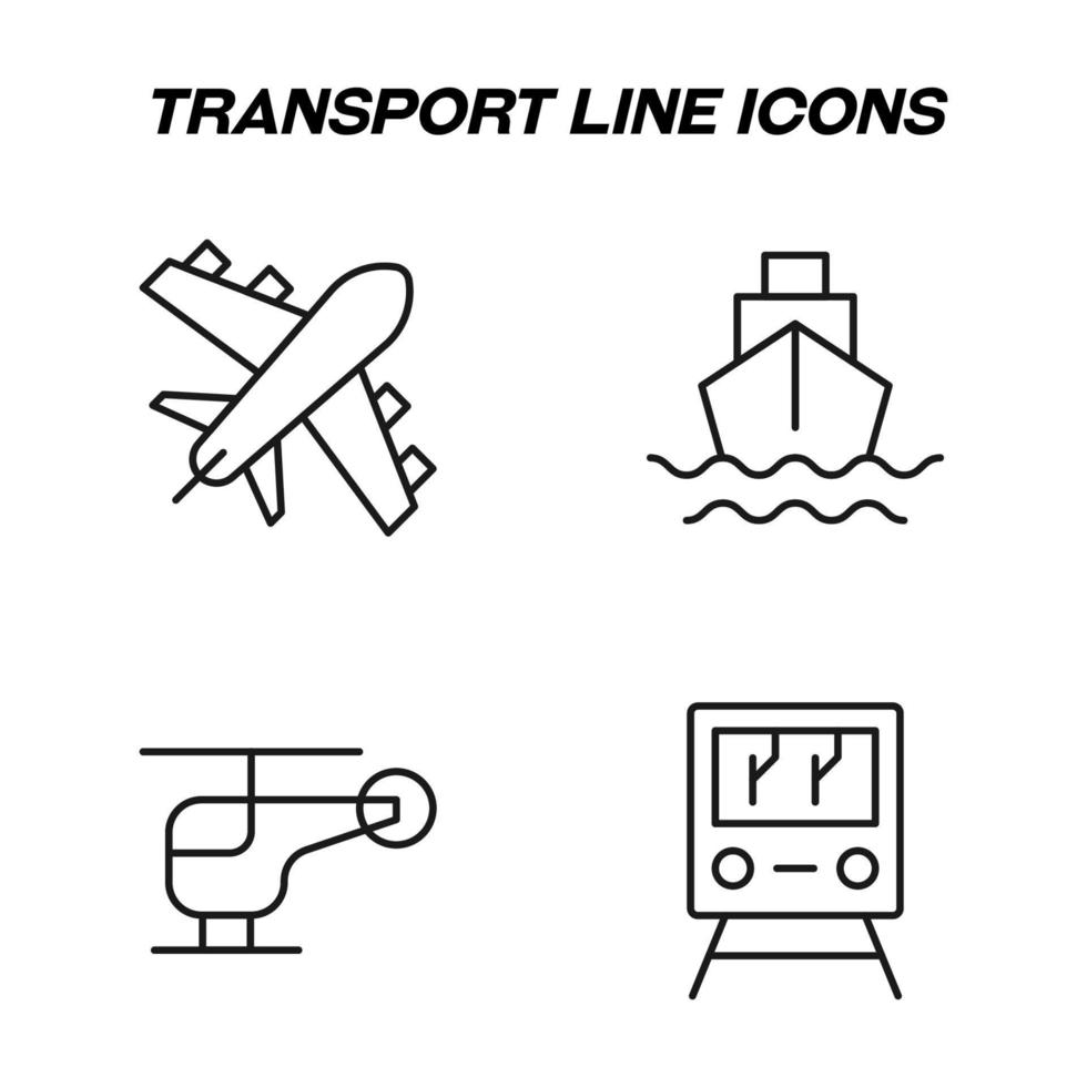 Monochrome isolated symbols drawn with black thin line. Perfect for stores, shops, adverts. Vector icon set with signs of airplane, cargo ship, helicopter, train, subway