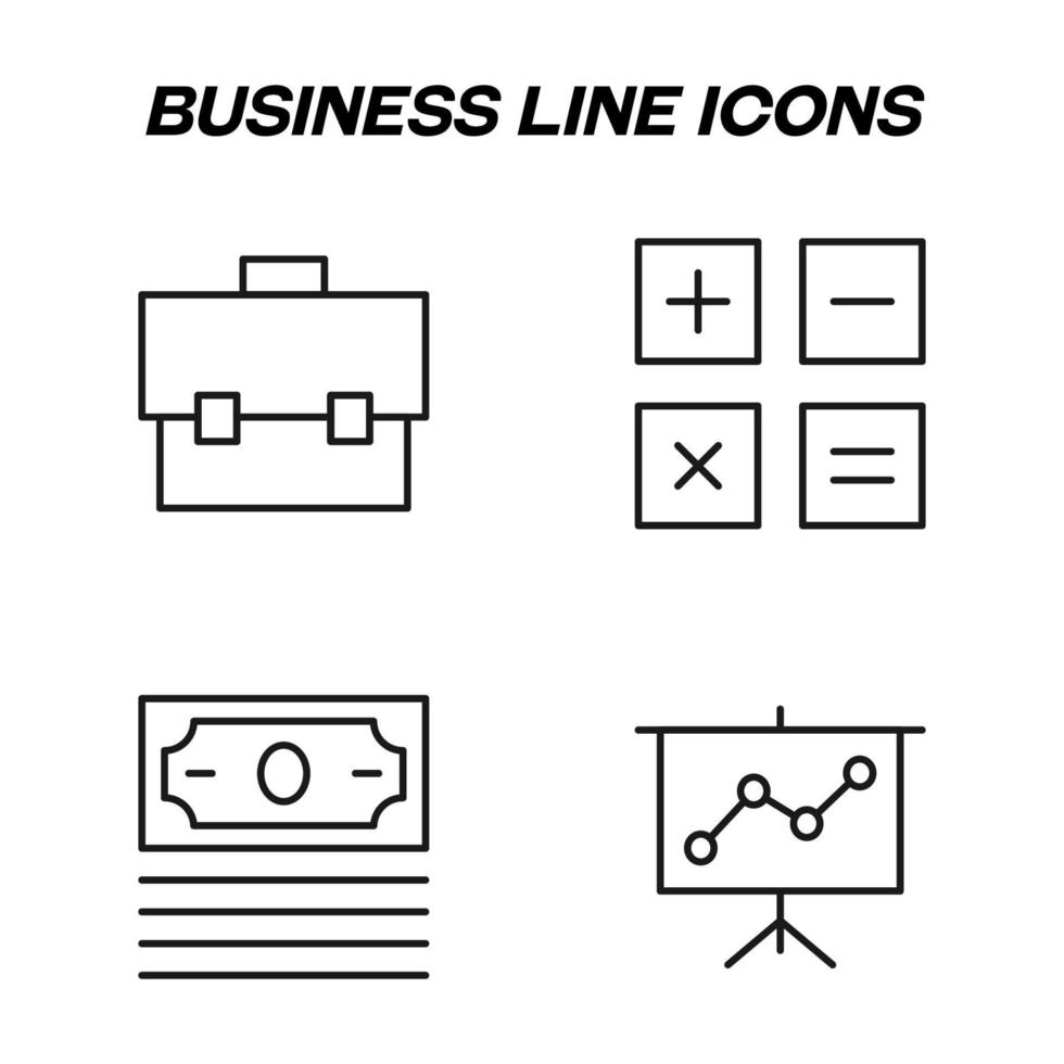 símbolos monocromáticos aislados dibujados con una delgada línea negra. Perfecto para tiendas, comercios, anuncios. conjunto de iconos vectoriales con signos de maleta de negocios, calculadora, barra de progreso vector