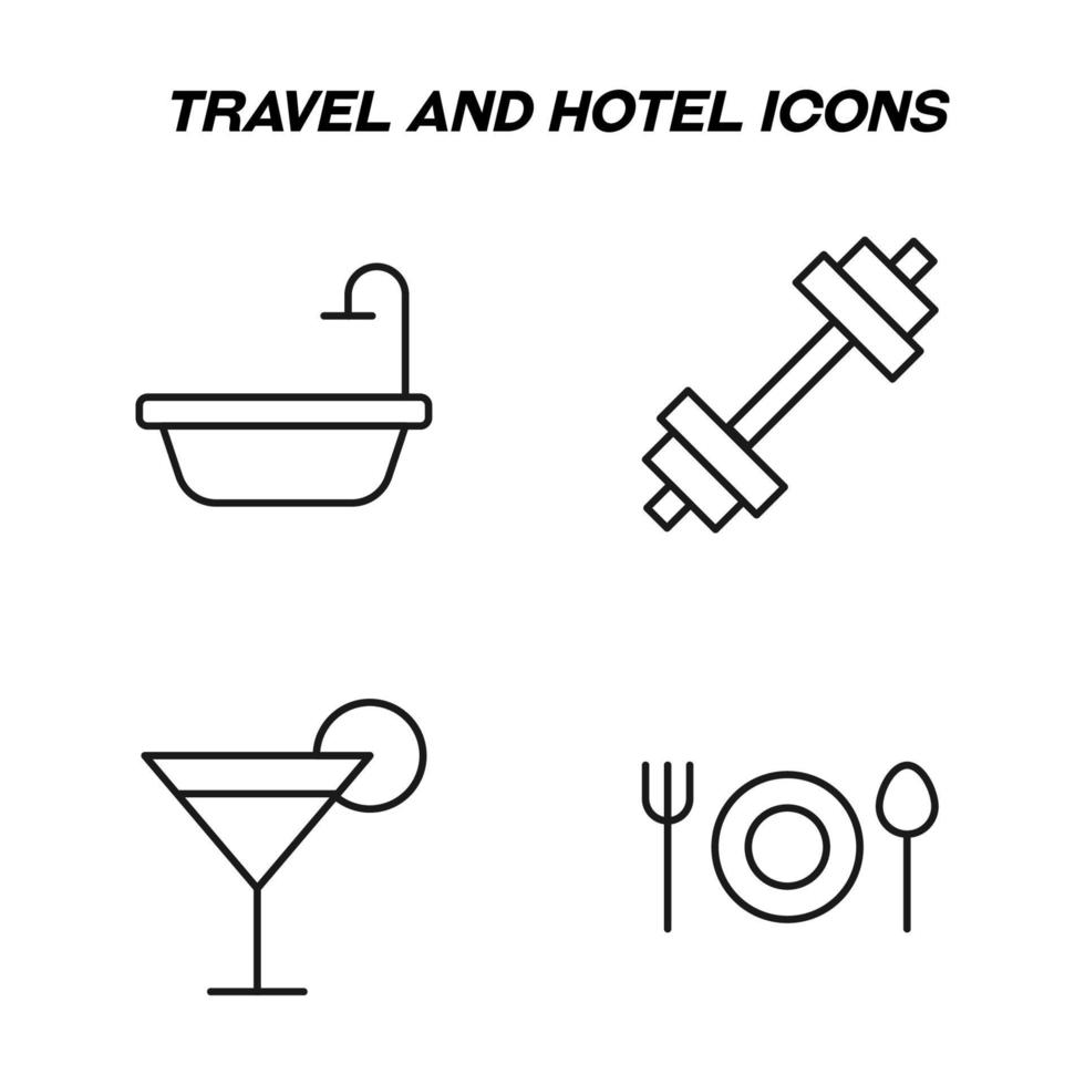 Monochrome isolated symbols drawn with black thin line. Perfect for stores, shops, adverts. Vector icon set with signs of bathtub, dumpling, cocktail, fork, spoon, plate