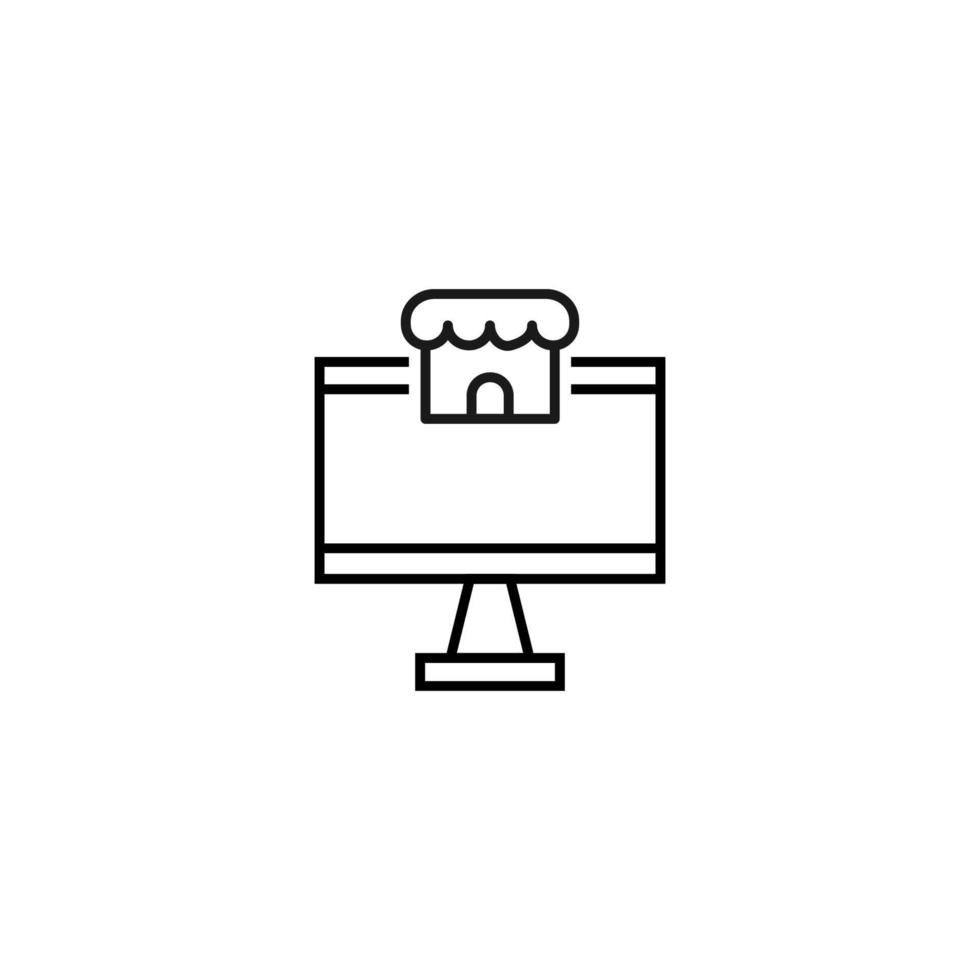 Monochrome sign drawn with black thin line. Perfect for internet resources, stores, books, shops, advertising. Vector icon of house or store inside of computer
