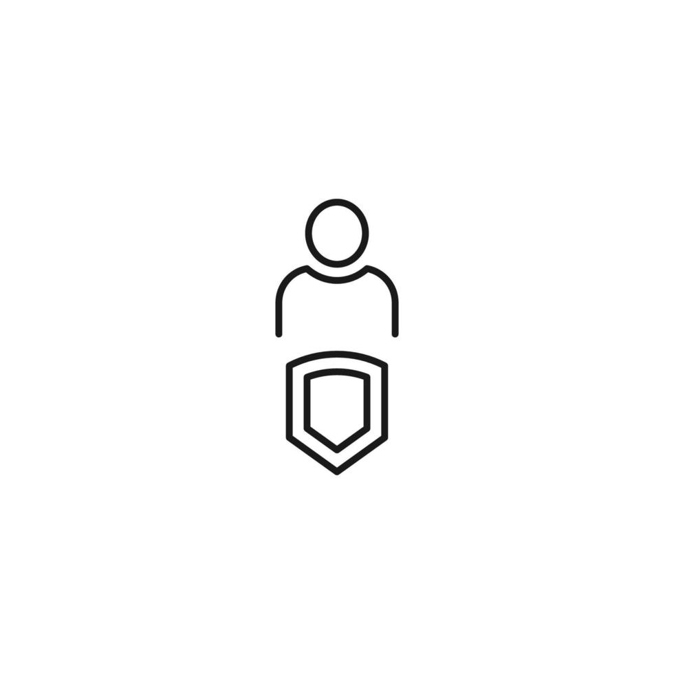 Black and white sign suitable for advertisement, web sites, stores, shops, apps. Editable stroke drawn with thin black line. Vector icon of user next to armor or shield