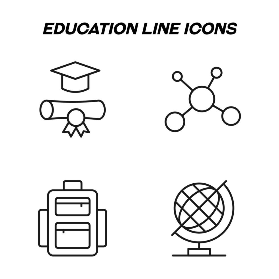 Monochrome isolated symbols drawn with black thin line. Perfect for stores, shops, adverts. Vector icon set with signs of school bag, globe, chemical compound and academic square cap