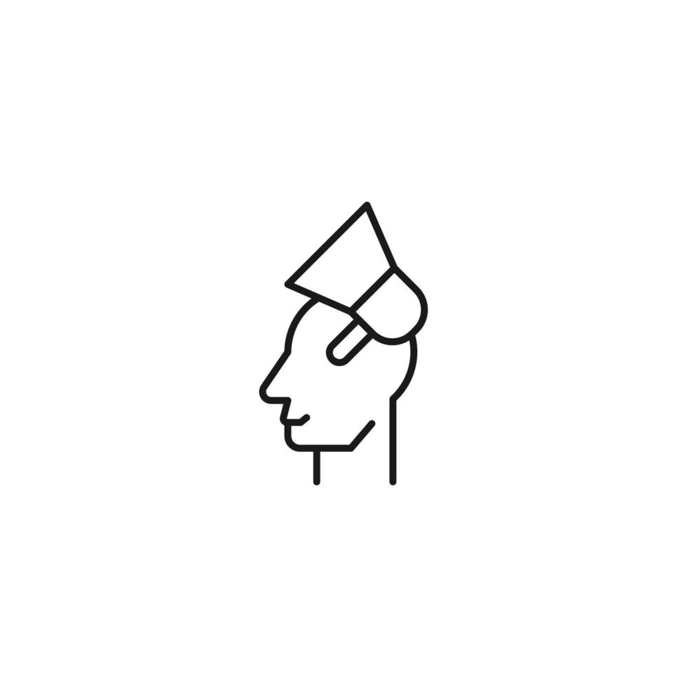Hobbies, thought and ideas concept. Vector sign drawn in flat style. Editable stroke. Line icon of loud speaker over head of man