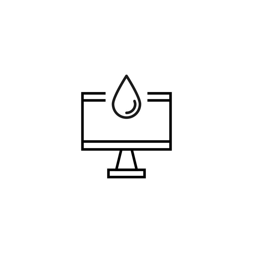 signo monocromo dibujado con una delgada línea negra. perfecto para recursos de internet, tiendas, libros, tiendas, publicidad. icono vectorial de gota o agua o sangre dentro de la computadora vector