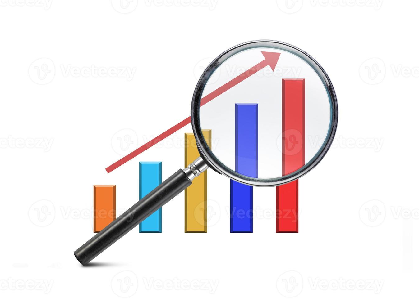 Magnifying glass showing growing bar graph photo