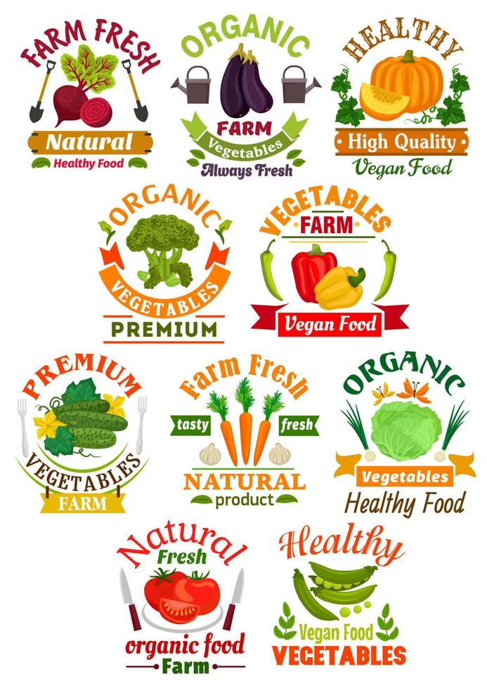 Farm fresh vegetables badge set for food design vector