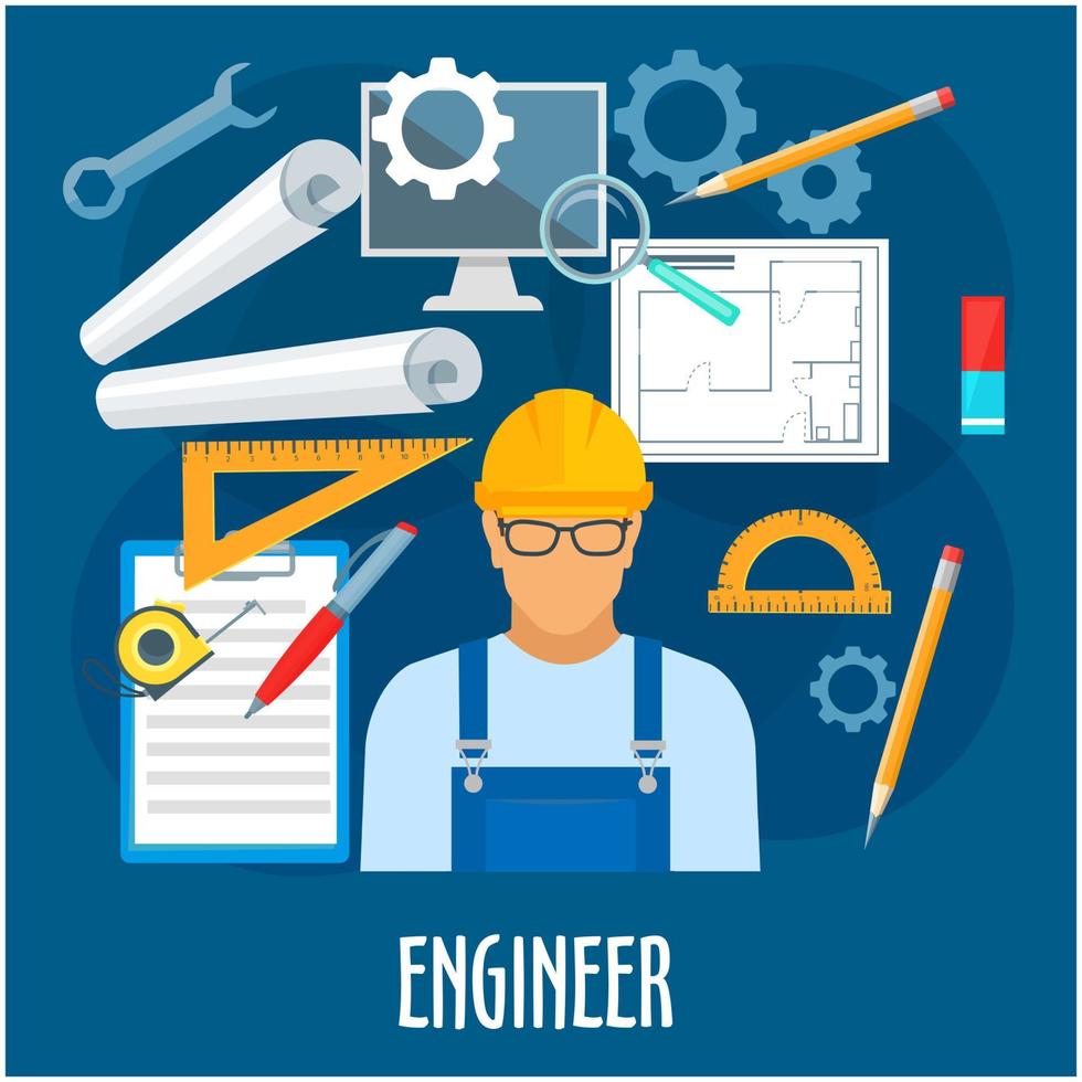 Engineer or builder worker with work tools poster vector