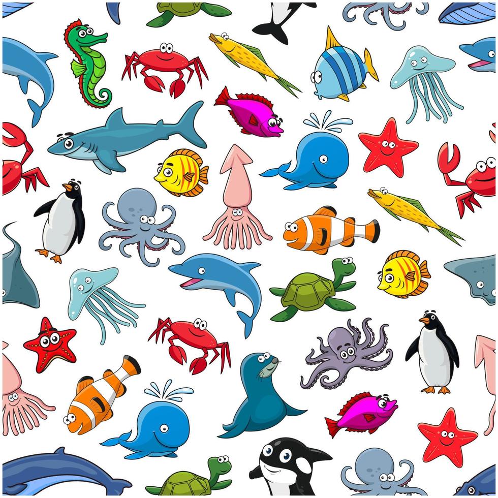 Cartoon pattern of sea fish and ocean animals vector