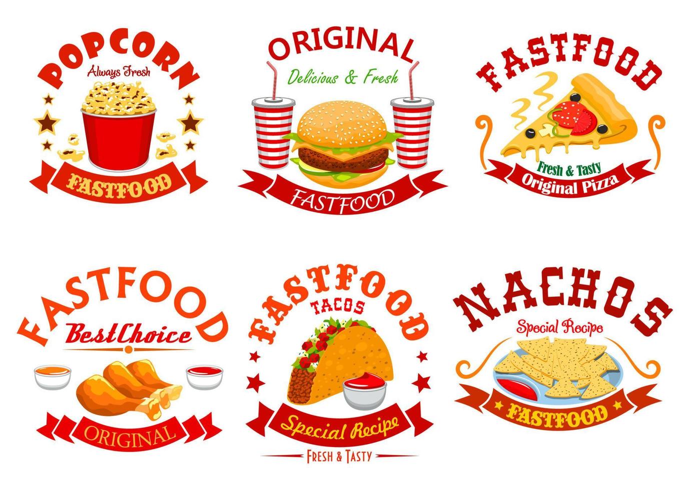 Fast food cafe badge set with takeaway dishes vector
