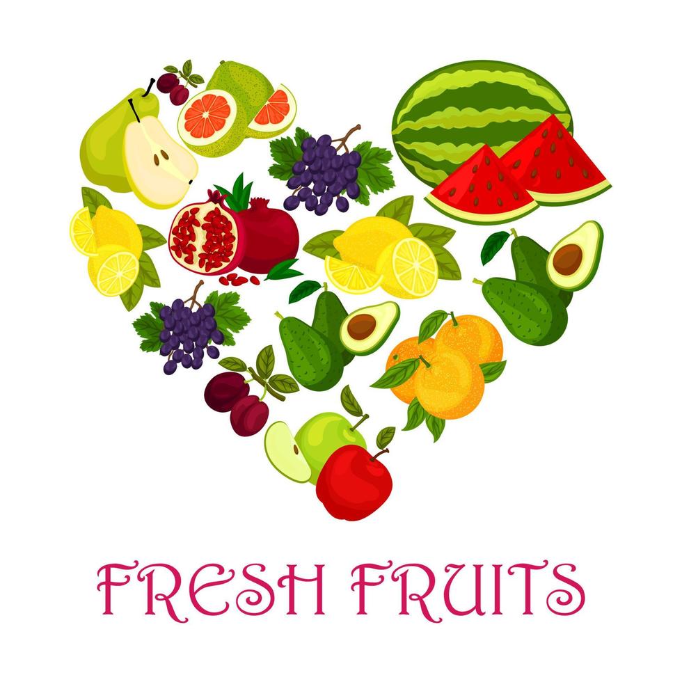 Fresh fruits symbol in shape of heart icon vector