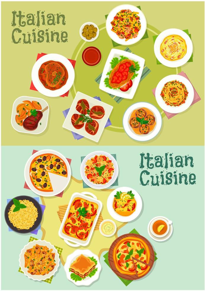 Italian cuisine pasta and pizza dishes icon vector