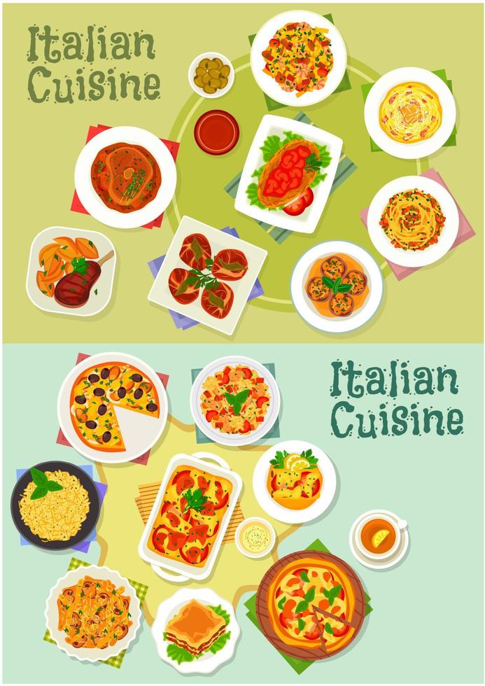 icono de platos de pasta y pizza de cocina italiana vector