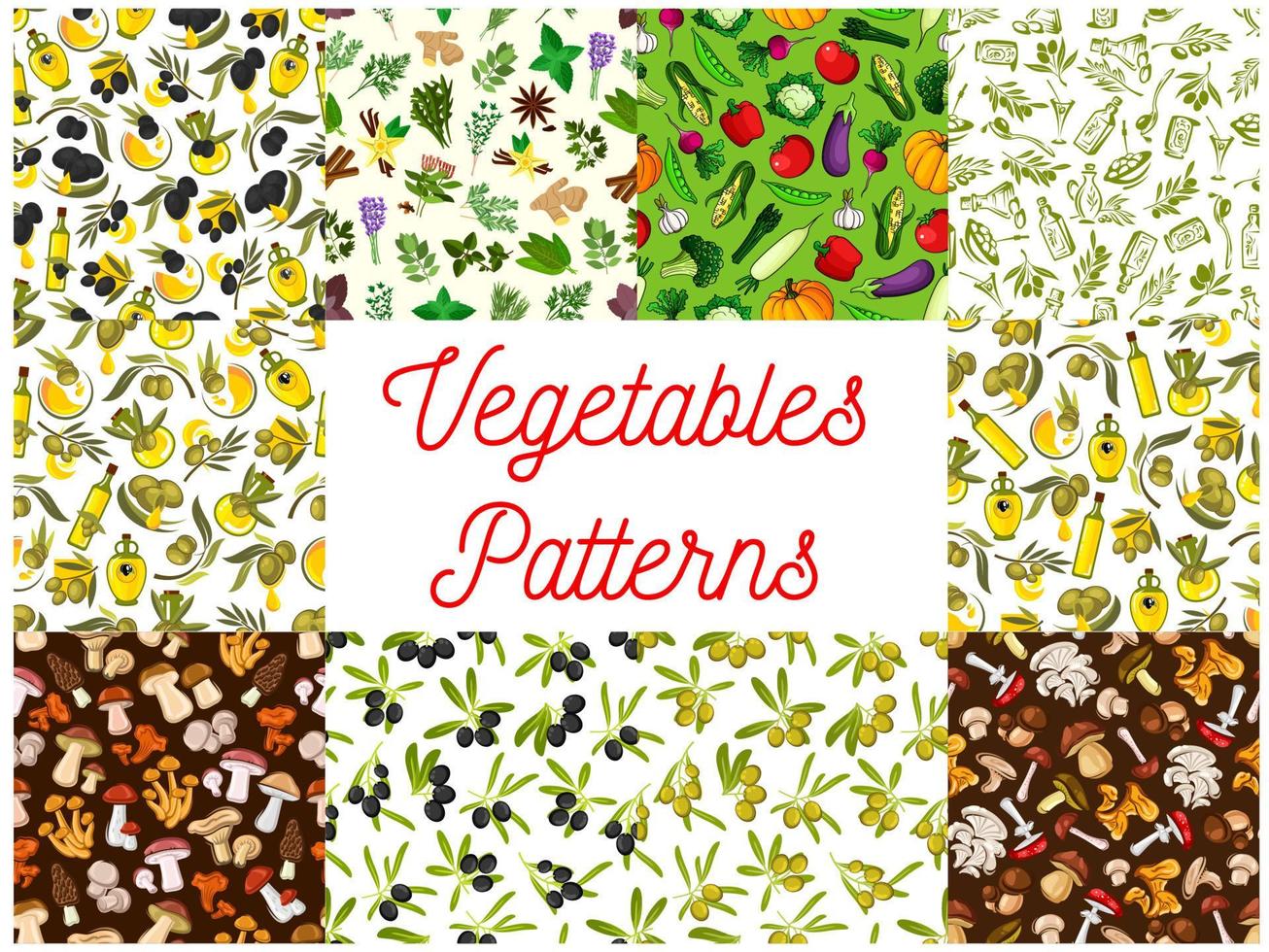 vegetales, champiñones, aceitunas, especias de patrones sin fisuras vector