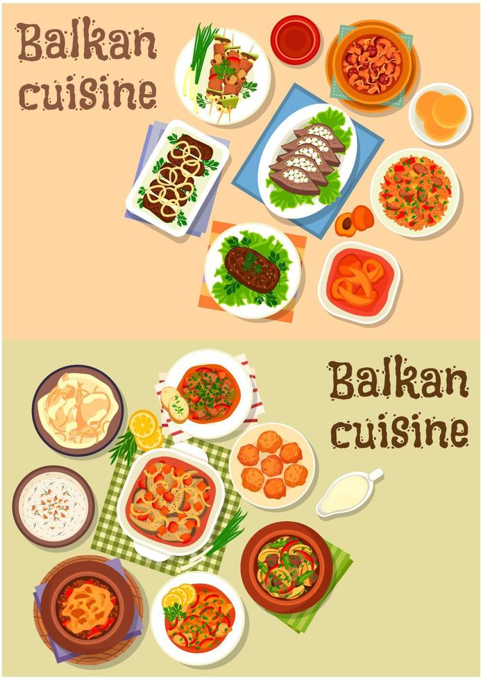 Balkan cuisine traditional dishes icon set design vector