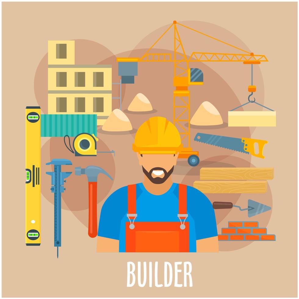 Builder worker with building work tools poster vector