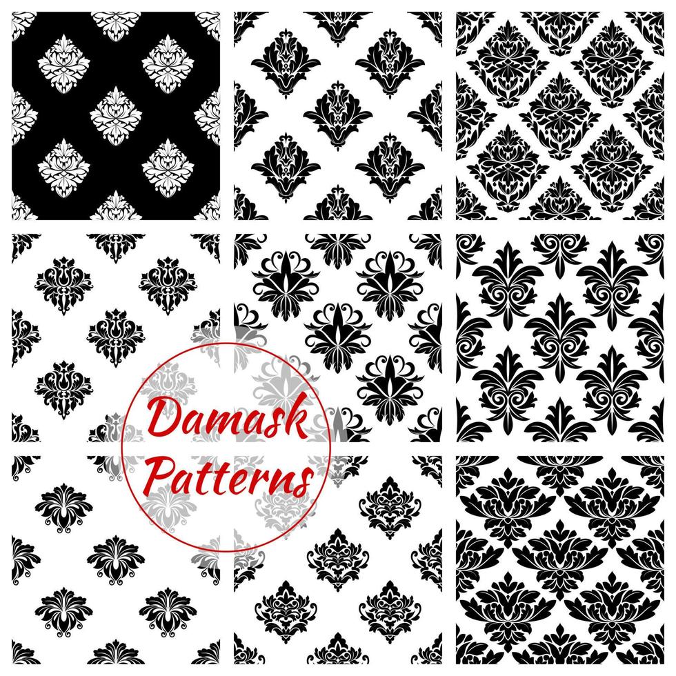 Damask seamless patterns of floral ornate tracery vector