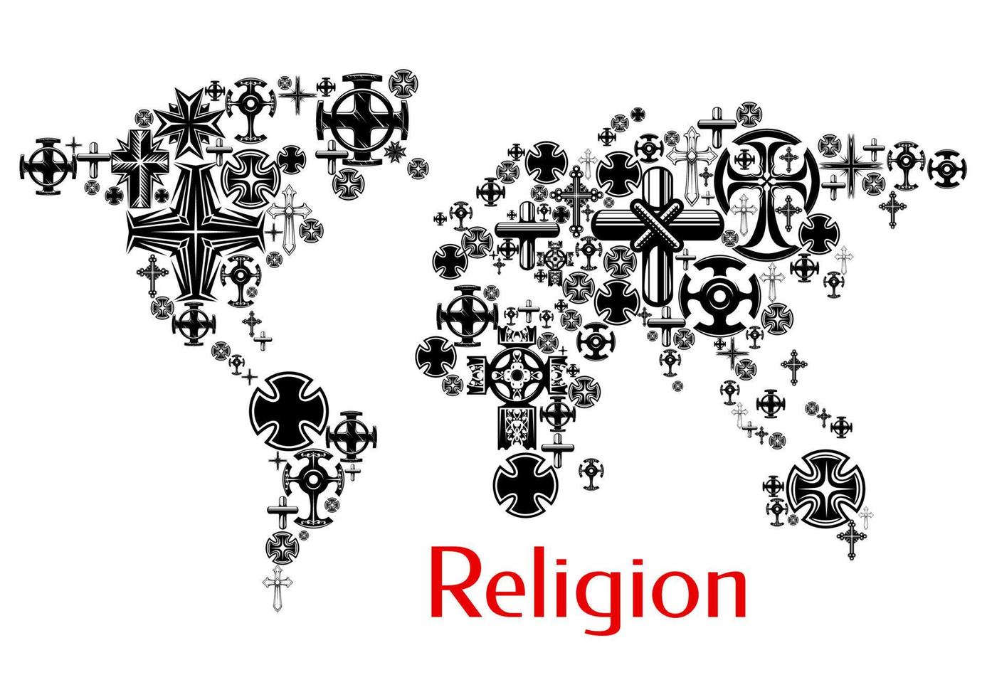 mapa del mundo de la religión con símbolos cruzados del cristianismo vector