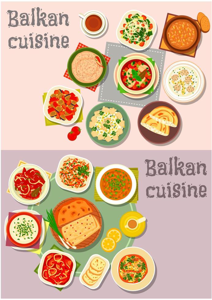 platos de cena de cocina balcánica con conjunto de iconos de pasteles vector