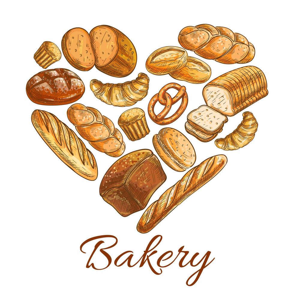 Bakery shop heart symbol of sketch bread vector
