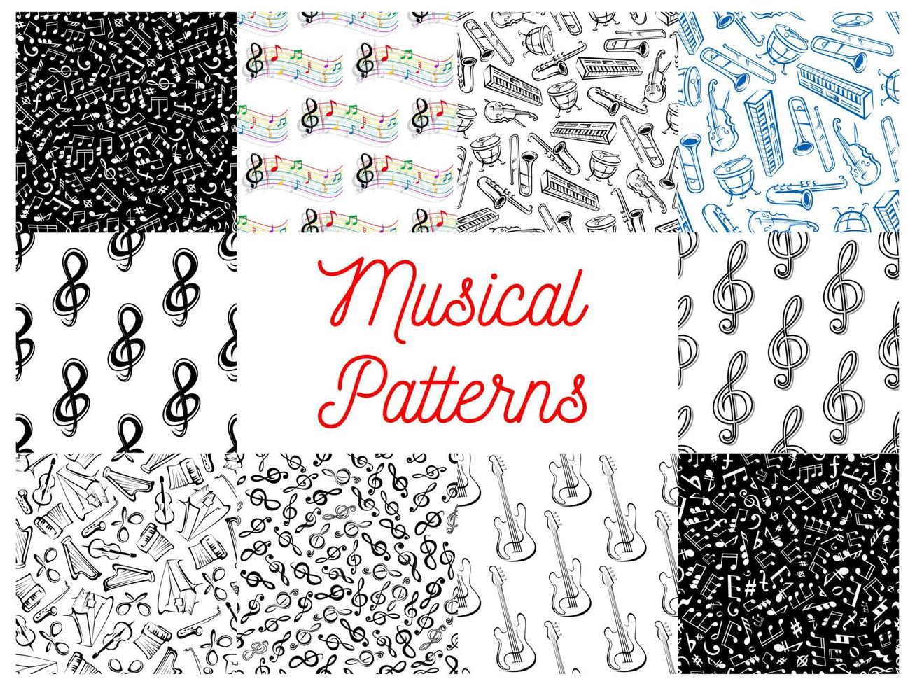 Musical notes and instruments pattern backgrounds vector