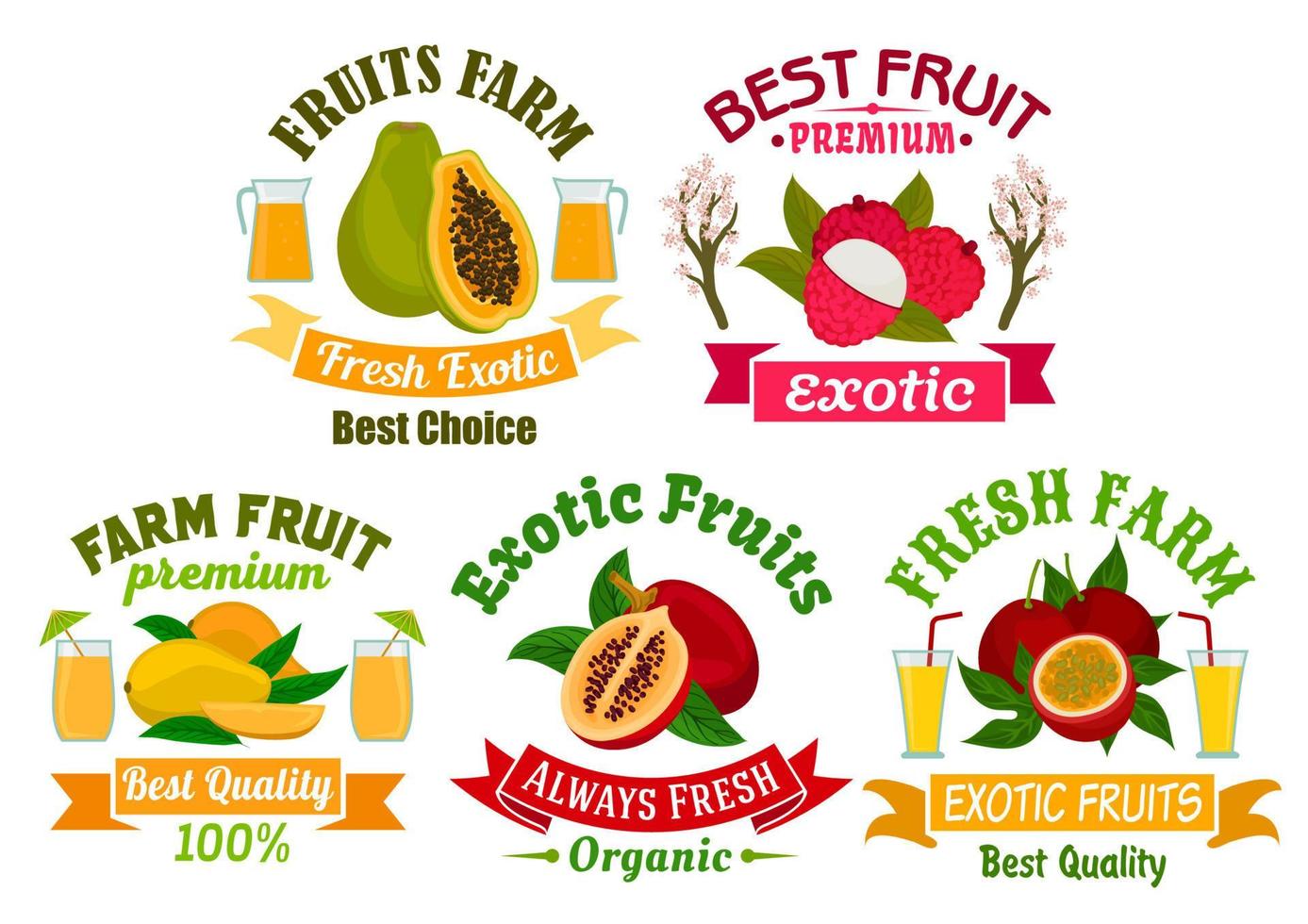 juego de letreros de frutas y jugos exóticos para el diseño de alimentos vector