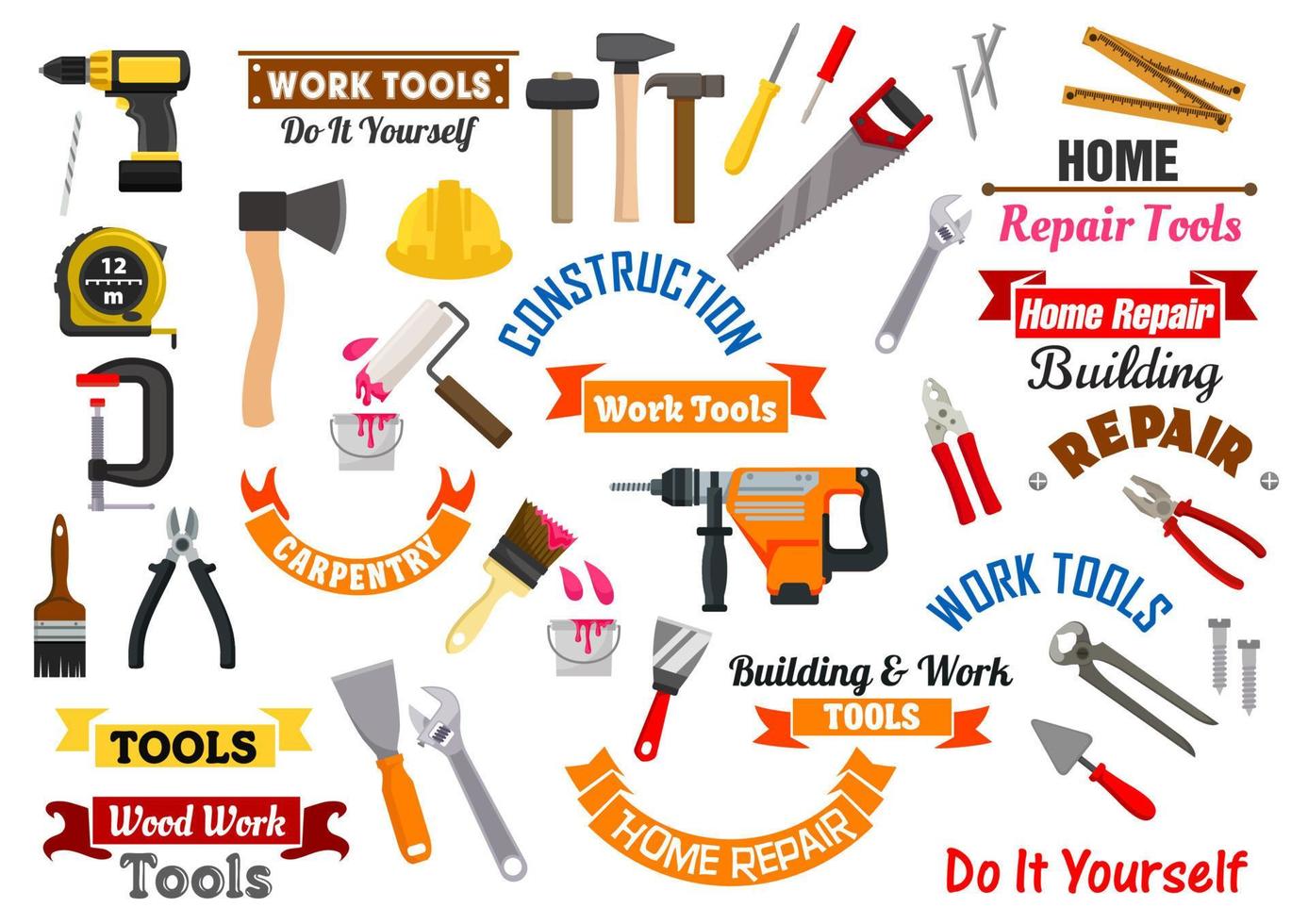 Work tools icons. Repair, construction signs set vector