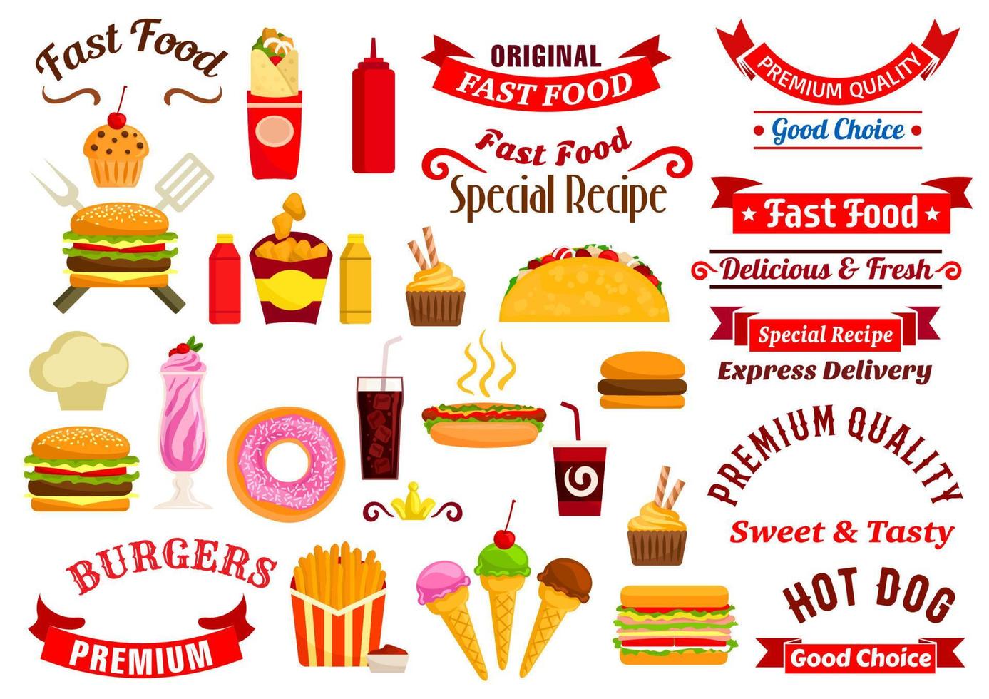 Fast food snacks, drinks, ribbons emblems vector