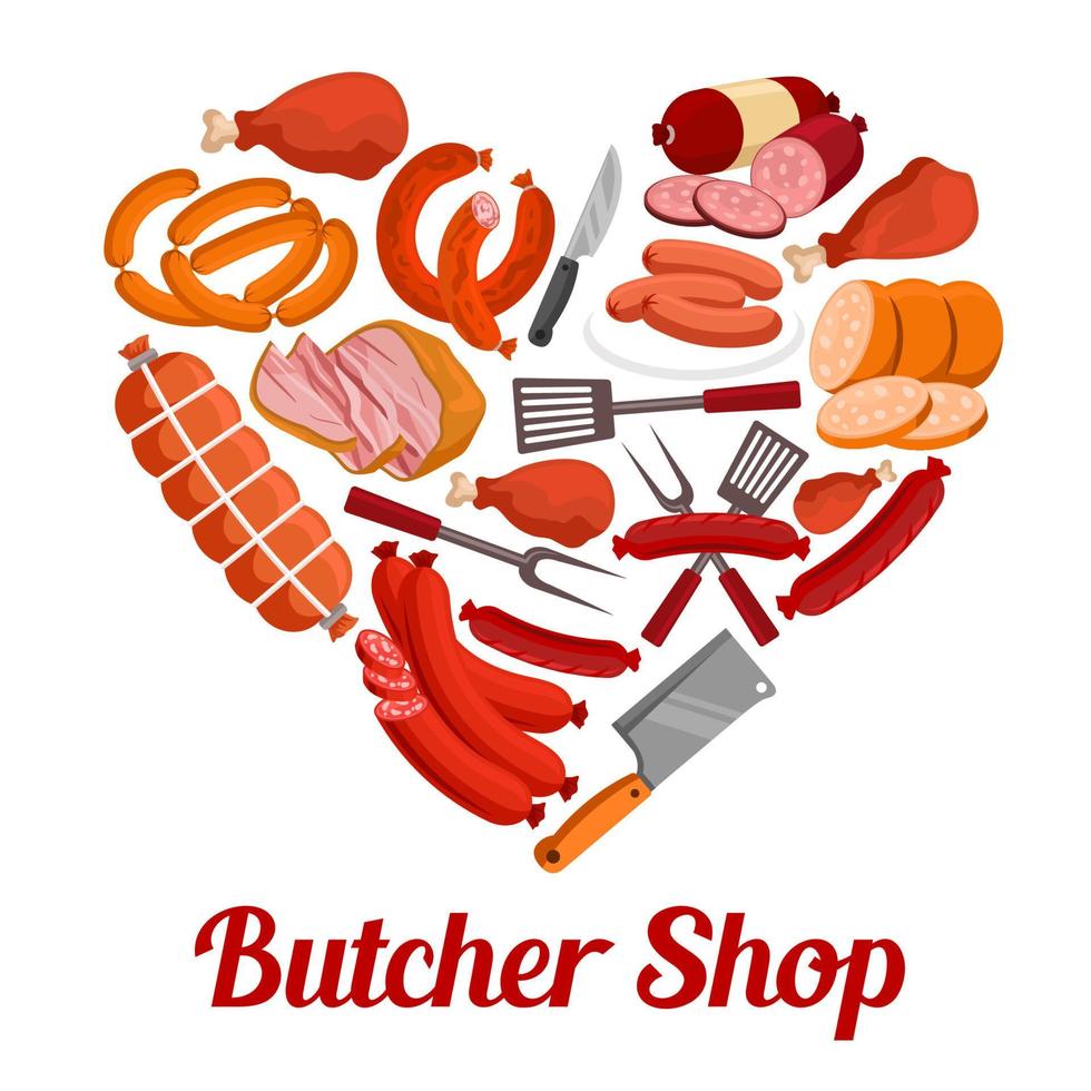 Heart of sausage, ham and bacon poster design vector