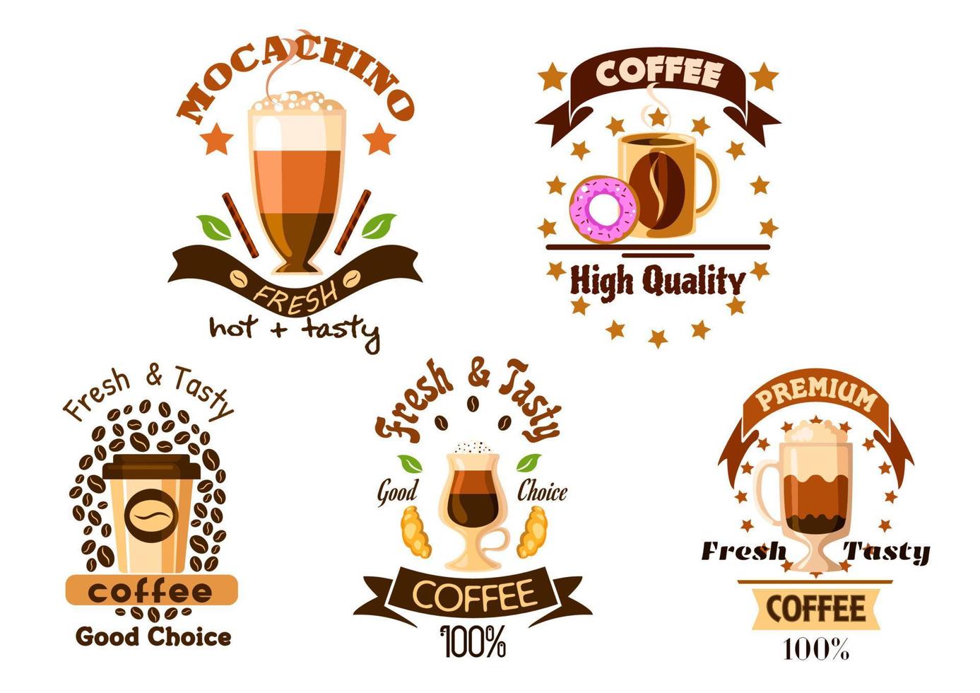 insignias de café con bebidas de café y pasteles vector