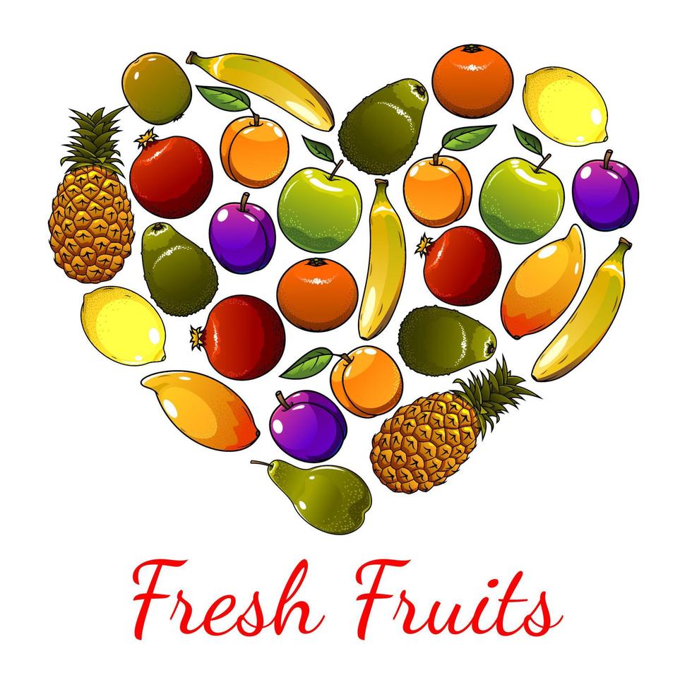 Fruits heart symbol. Vector fresh fruit icons