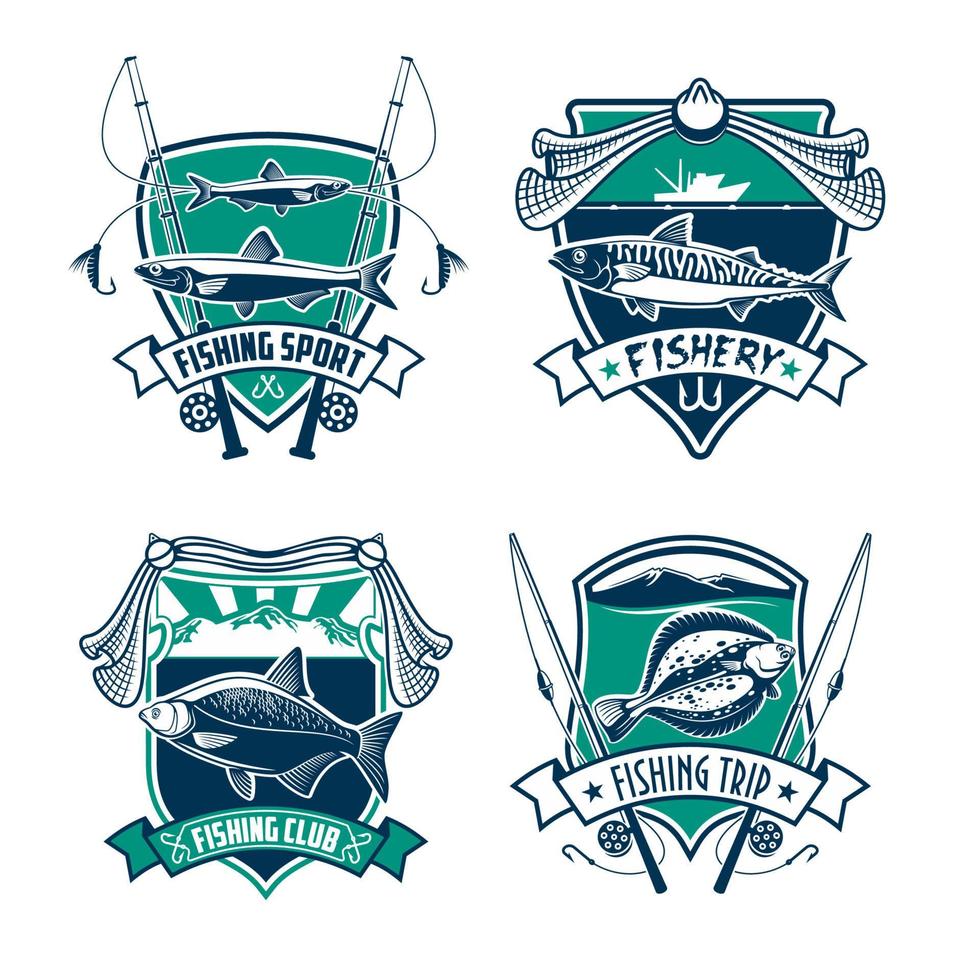 diseño de conjunto de insignias heráldicas del club deportivo de pesca vector